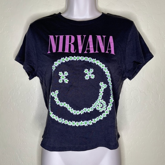 Nirvana Floral Smiley Face Black Graphic T-Shirt Y2k Grunge Nwot Size Large L - Picture 1 of 9